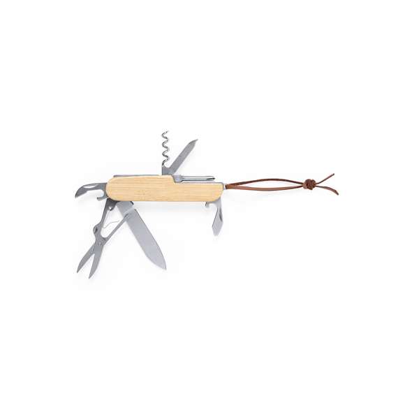Navaja multiusos de línea nature, en combinación de materiales bambú y acero inox, con 9 funciones. Incluye navaja, abridores, tijeras, lima, destornillador, sacacorchos… Con cinta para transporte en polipiel y presentada en caja individual.