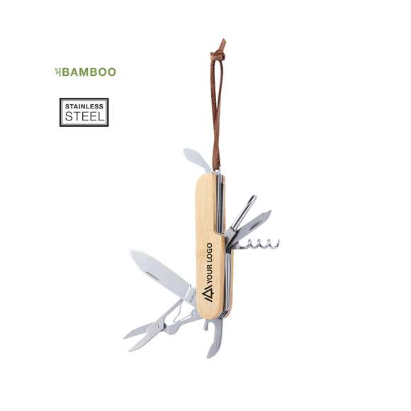 Navaja multiusos de línea nature, en combinación de materiales bambú y acero inox, con 9 funciones. Incluye navaja, abridores, tijeras, lima, destornillador, sacacorchos… Con cinta para transporte en polipiel y presentada en caja individual.