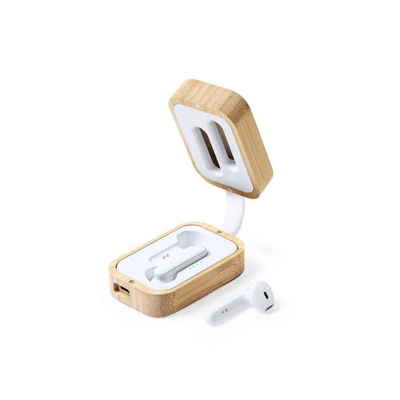  	Auriculares intraurales de línea nature, con conexión Bluetooth® 5.0 y batería de litio. En elegante acabado de color blanco y presentados en estuche cargador de bambú. De diseño ergonómico, incluyen botón de control táctil integrado en el auricular, con base de carga a juego y luz LED de estado de carga. Función manos libres y recargables, con cable micro USB incluido. Presentados en atractiva caja de diseño eco.