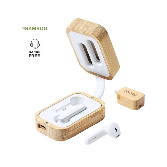  	Auriculares intraurales de línea nature, con conexión Bluetooth® 5.0 y batería de litio. En elegante acabado de color blanco y presentados en estuche cargador de bambú. De diseño ergonómico, incluyen botón de control táctil integrado en el auricular, con base de carga a juego y luz LED de estado de carga. Función manos libres y recargables, con cable micro USB incluido. Presentados en atractiva caja de diseño eco.
