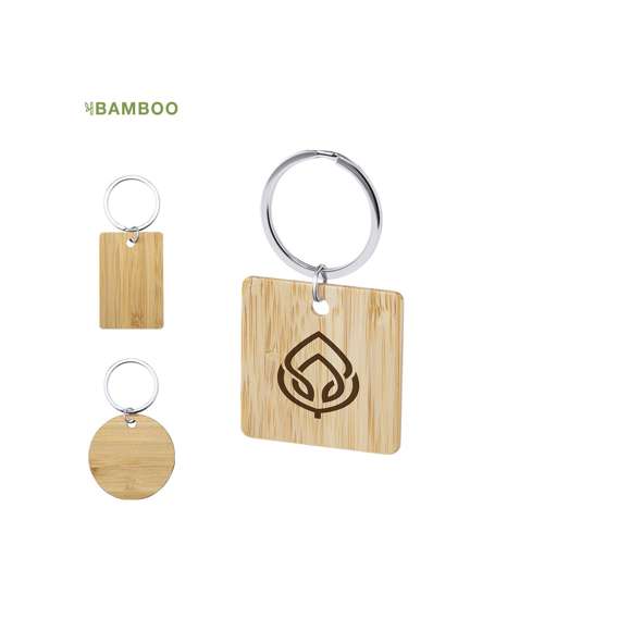 Llavero de línea nature fabricado en bambú, disponible en diseños circular, cuadrado y rectangular.