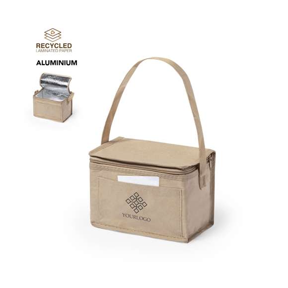  	Nevera de línea nature con capacidad para 6 latas. Fabricada en papel laminado resistente a la humedad, con interior isotermo acabado en aluminio. Cremallera y asa de transporte a juego, con bolsillo exterior para marcaje.