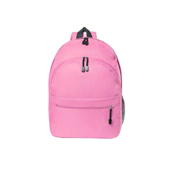  	Mochila en resistente poliéster 600D de desenfadado diseño en variada gama de colores. Dos compartimentos principales con cierre de cremallera y bolsillo en frontal. Redecilla lateral de fácil acceso, tiradores con cinta para fácil apertura y accesorios en color negro. Espalda acolchada y cintas de hombros ajustables con acolchado.