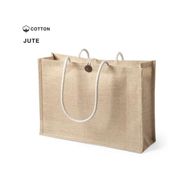 Bolsa de línea nature en resistente yute laminado (320g/m2) y original cierre de botón. Con asas de algodón largas de 70cm en color natural y reforzadas. Acabado cosido y resistencia hasta 10kg de peso.