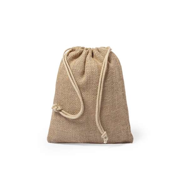 Bolsa de línea nature en resistente yute de 260gsm, con elegante cierre de cordón y acabado cosido.