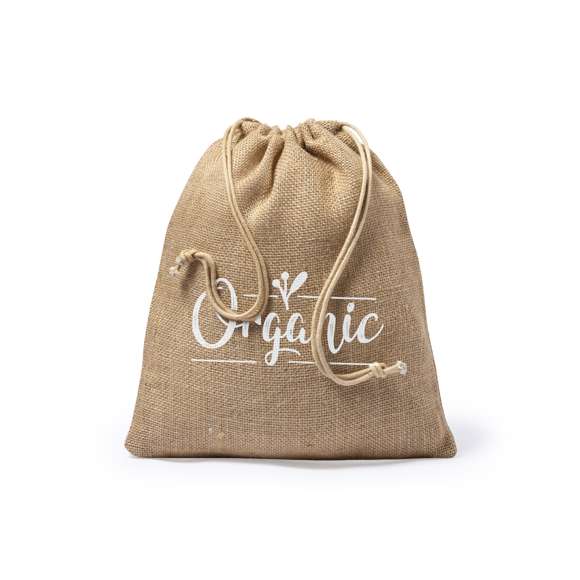 Bolsa de línea nature en resistente yute de 260gsm, con elegante cierre de cordón y acabado cosido.