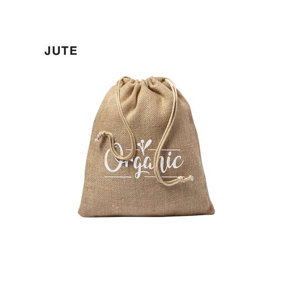 Bolsa de línea nature en resistente yute de 260gsm, con elegante cierre de cordón y acabado cosido.