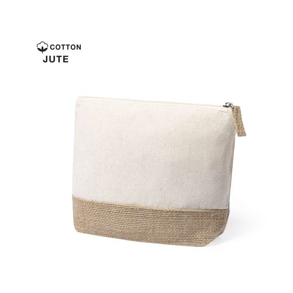Neceser de línea nature en combinación de yute laminado y algodón natural. Con cierre de cremallera y tirador en yute a juego.