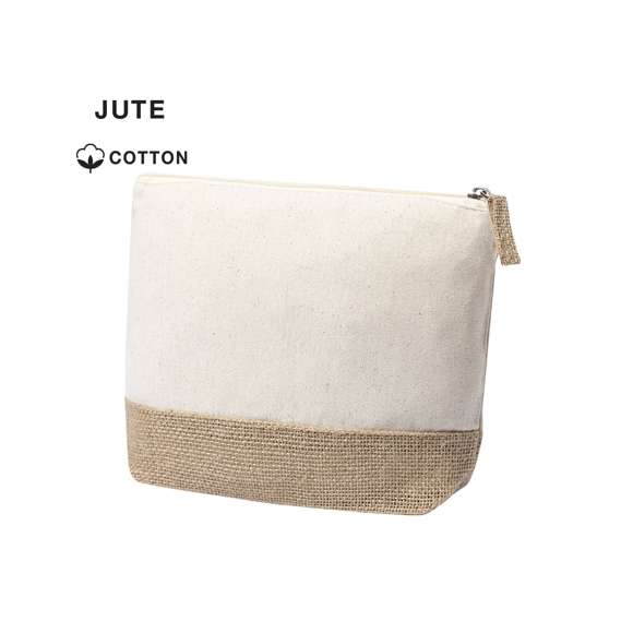 Neceser de línea nature en combinación de yute laminado y algodón natural. Con cierre de cremallera y tirador en yute a juego.