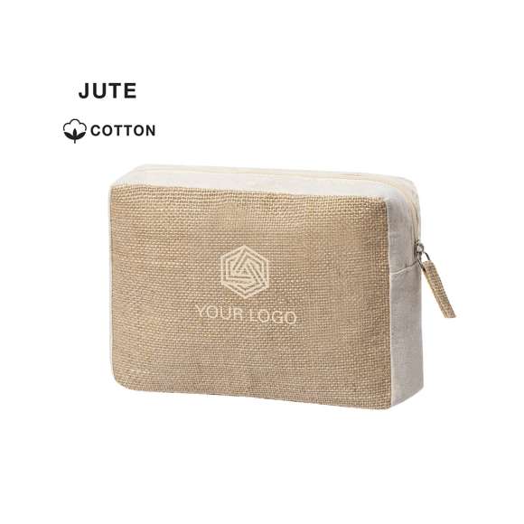 Neceser de línea nature en combinación de yute laminado y algodón natural. Con cierre de cremallera y tirador en yute a juego.
