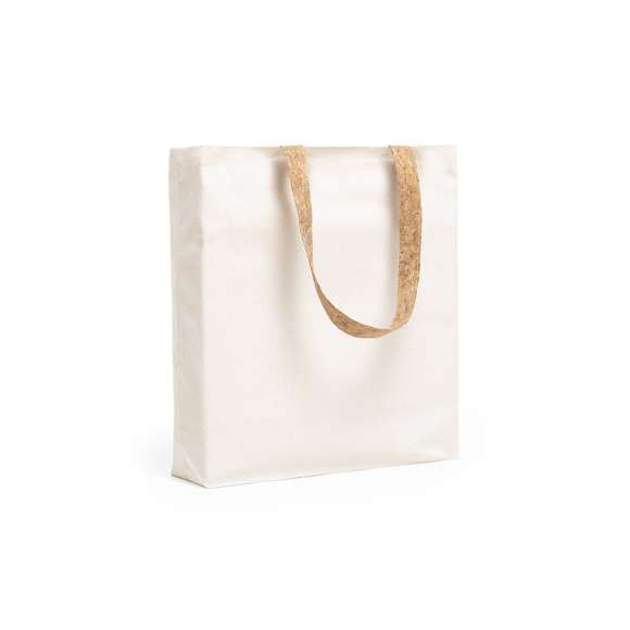 Bolsa de línea nature en resistente algodón de 180g/m2 y originales asas en corcho natural de 53cm reforzadas. Acabado cosido y resistencia hasta 8kg de peso.