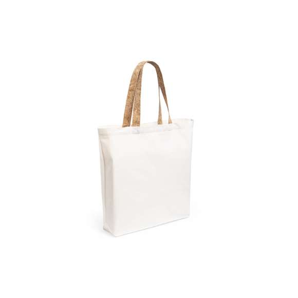 Bolsa de línea nature en resistente algodón de 180g/m2 y originales asas en corcho natural de 53cm reforzadas. Acabado cosido y resistencia hasta 8kg de peso.