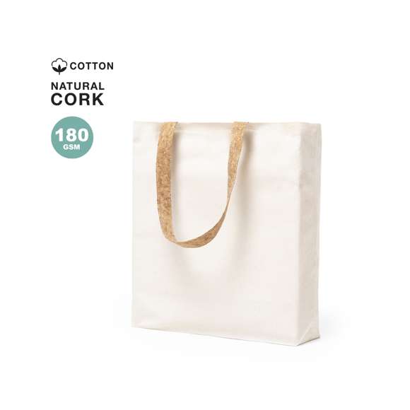 Bolsa de línea nature en resistente algodón de 180g/m2 y originales asas en corcho natural de 53cm reforzadas. Acabado cosido y resistencia hasta 8kg de peso.