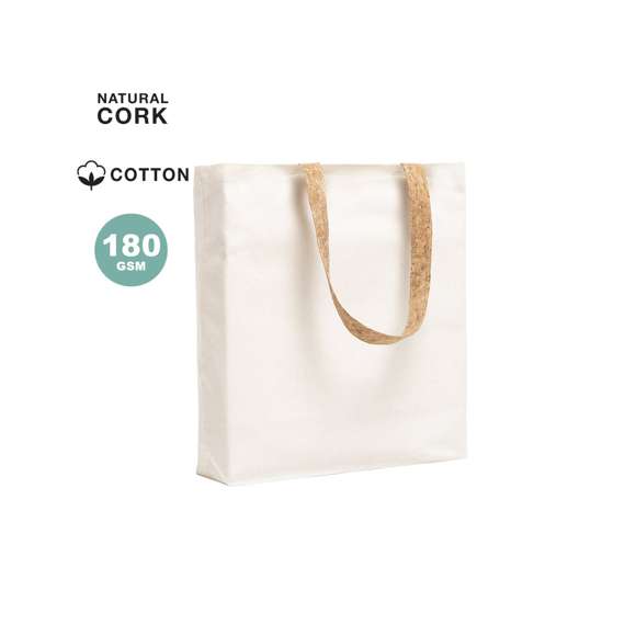 Bolsa de línea nature en resistente algodón de 180g/m2 y originales asas en corcho natural de 53cm reforzadas. Acabado cosido y resistencia hasta 8kg de peso.