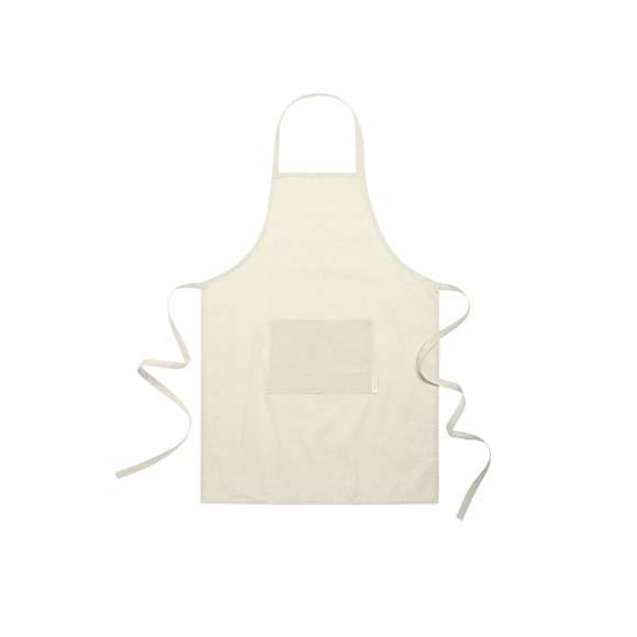  	Delantal de línea nature, elaborado en algodón reciclado. Con bolsillo frontal y cintas de ajuste, de corte por debajo de la rodilla. Disponible en variada gama de colores, con distintivo algodón reciclado en etiqueta.