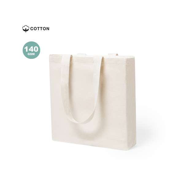 Bolsa tote de línea nature en algodón de 140g/m2. Asas medianas en algodón, de 70 cm y reforzadas. Acabado cosido y resistencia hasta 8kg de peso.