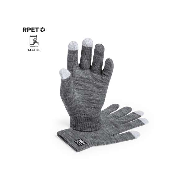 Práctico par de guantes de línea nature para dispositivos con pantalla táctil. De cálido y suave acabado poliéster RPET, elaborado a partir de plástico reciclado para así fomentar la reutilización de residuos plásticos y contribuir a la sostenibilidad del planeta. Función táctil en dedos corazón, índice y pulgar. Talla única adulto, con distintivo RPET en etiqueta exterior.