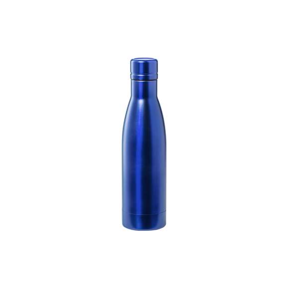 Bidón térmico de acero inox con doble capa de 500ml. Fabricado con doble capa y aislamiento de cobre al vacío, permitiendo mantener el calor y el frío durante un tiempo prolongado, llegando a las 12 y 48 horas respectivamente. Con tapón a rosca para un sellado perfecto. En acabado metalizado y disponible en amplia gama de colores. Presentado en atractiva caja de diseño.