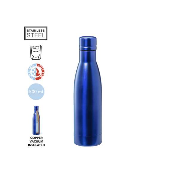Bidón térmico de acero inox con doble capa de 500ml. Fabricado con doble capa y aislamiento de cobre al vacío, permitiendo mantener el calor y el frío durante un tiempo prolongado, llegando a las 12 y 48 horas respectivamente. Con tapón a rosca para un sellado perfecto. En acabado metalizado y disponible en amplia gama de colores. Presentado en atractiva caja de diseño.
