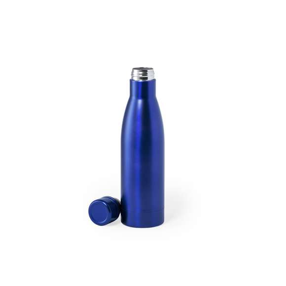 Bidón térmico de acero inox con doble capa de 500ml. Fabricado con doble capa y aislamiento de cobre al vacío, permitiendo mantener el calor y el frío durante un tiempo prolongado, llegando a las 12 y 48 horas respectivamente. Con tapón a rosca para un sellado perfecto. En acabado metalizado y disponible en amplia gama de colores. Presentado en atractiva caja de diseño.