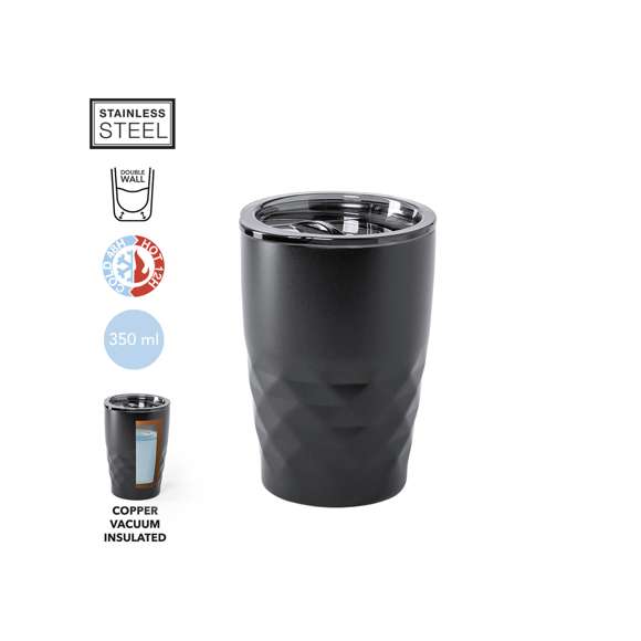 Vaso térmico de sobremesa fabricado en acero inoxidable, con doble capa y aislamiento de cobre al vacío, de 350ml de capacidad. El mismo le permite mantener el calor y el frio durante un tiempo más prolongado, llegando a las 8 y 24 horas respectivamente. Incluye tapa con dosificador y abrefácil. Disponible en variada gama de colores metalizados. Presentado en atractiva caja de diseño.