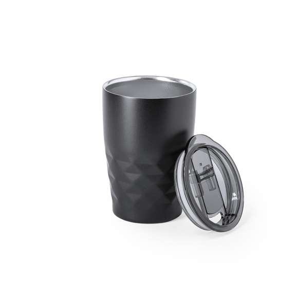 Vaso térmico de sobremesa fabricado en acero inoxidable, con doble capa y aislamiento de cobre al vacío, de 350ml de capacidad. El mismo le permite mantener el calor y el frio durante un tiempo más prolongado, llegando a las 8 y 24 horas respectivamente. Incluye tapa con dosificador y abrefácil. Disponible en variada gama de colores metalizados. Presentado en atractiva caja de diseño.