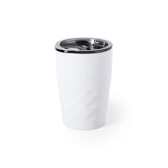 Vaso térmico de sobremesa fabricado en acero inoxidable, con doble capa y aislamiento de cobre al vacío, de 350ml de capacidad. El mismo le permite mantener el calor y el frio durante un tiempo más prolongado, llegando a las 8 y 24 horas respectivamente. Incluye tapa con dosificador y abrefácil. Disponible en variada gama de colores metalizados. Presentado en atractiva caja de diseño.