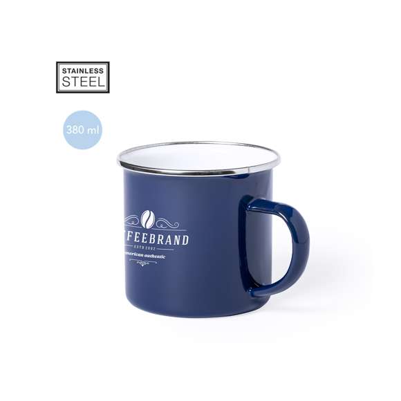 Taza metálica de 380ml de capacidad con diseño vintage y acabado con imperfecciones para mayor sensación retro. Disponible en variada gama de colores, con interior siempre en color blanco y elegante detalle en cromado. Presentada en caja individual.