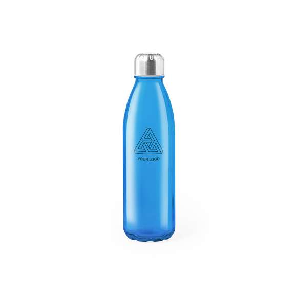 Bidón de 650ml de capacidad. Fabricado con cuerpo de cristal, disponible en variada gama de colores, y tapón a rosca de acero inox y acabado cromado. Presentado en caja individual de atractivo diseño.