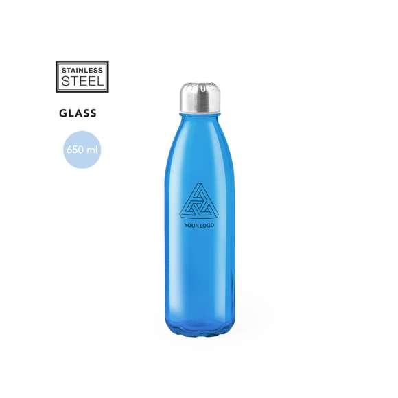 Bidón de 650ml de capacidad. Fabricado con cuerpo de cristal, disponible en variada gama de colores, y tapón a rosca de acero inox y acabado cromado. Presentado en caja individual de atractivo diseño.