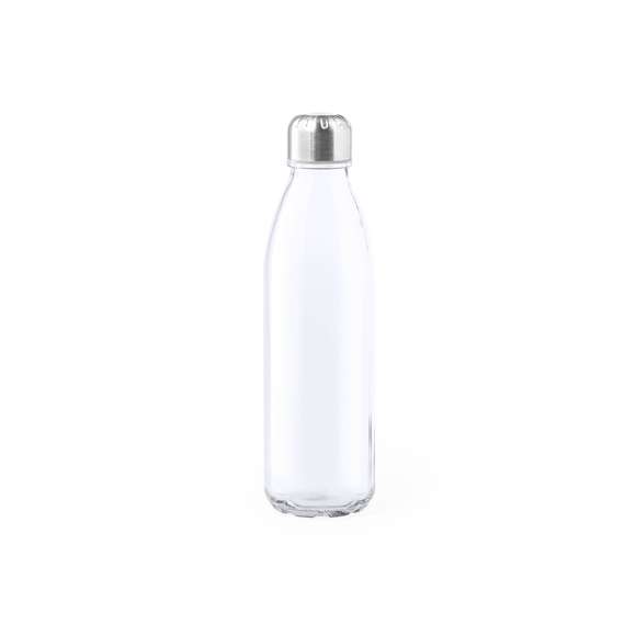 Bidón de 650ml de capacidad. Fabricado con cuerpo de cristal, disponible en variada gama de colores, y tapón a rosca de acero inox y acabado cromado. Presentado en caja individual de atractivo diseño.