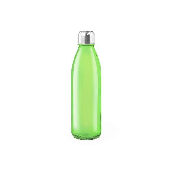 Bidón de 650ml de capacidad. Fabricado con cuerpo de cristal, disponible en variada gama de colores, y tapón a rosca de acero inox y acabado cromado. Presentado en caja individual de atractivo diseño.