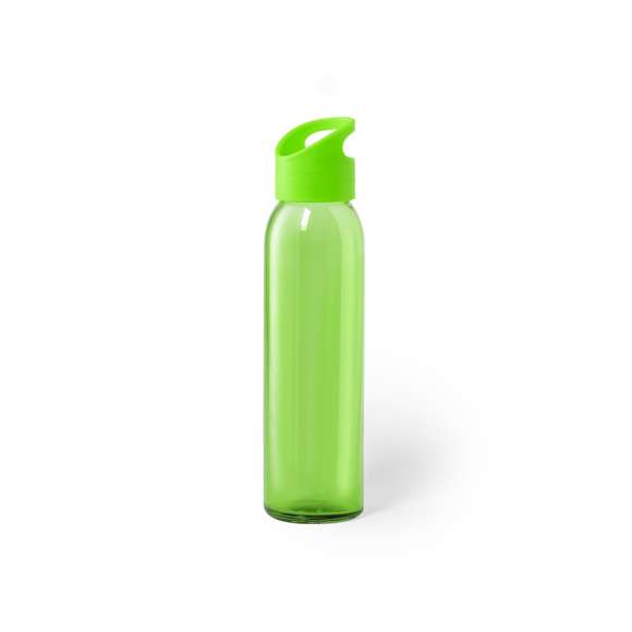 Bidón de 470ml de capacidad. Fabricado con cuerpo de cristal y disponible en variada gama de colores. Tapón a rosca en PP, libre de BPA, a juego. Presentado en caja individual de atractivo diseño.
