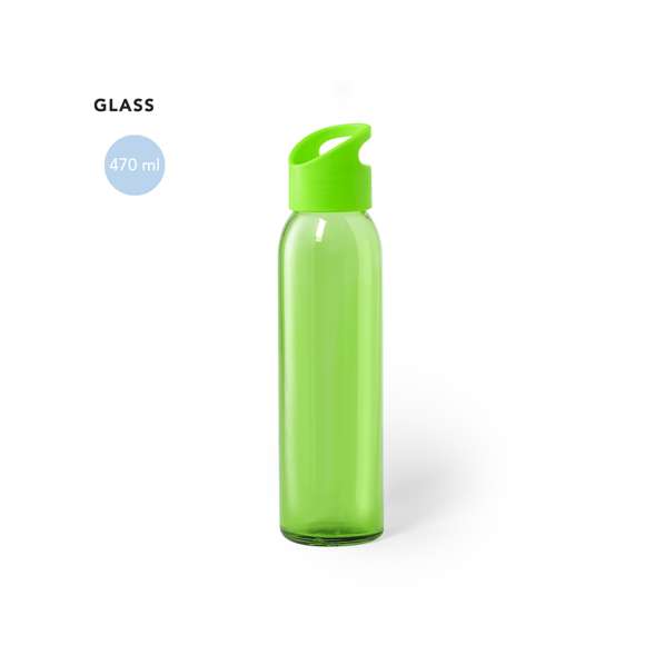 Bidón de 470ml de capacidad. Fabricado con cuerpo de cristal y disponible en variada gama de colores. Tapón a rosca en PP, libre de BPA, a juego. Presentado en caja individual de atractivo diseño.