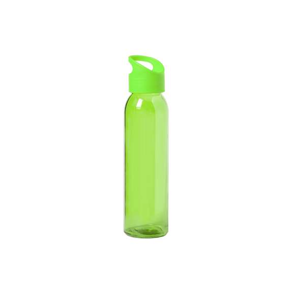 Bidón de 470ml de capacidad. Fabricado con cuerpo de cristal y disponible en variada gama de colores. Tapón a rosca en PP, libre de BPA, a juego. Presentado en caja individual de atractivo diseño.
