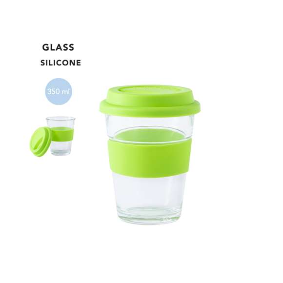 Vaso de cristal y 350ml de capacidad. Con tira antiquemaduras y tapa de silicona a juego en variada gama de colores. Presentado en caja individual de atractivo diseño.