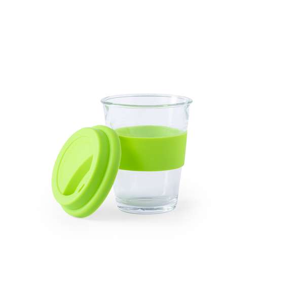 Vaso de cristal y 350ml de capacidad. Con tira antiquemaduras y tapa de silicona a juego en variada gama de colores. Presentado en caja individual de atractivo diseño.