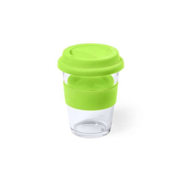 Vaso de cristal y 350ml de capacidad. Con tira antiquemaduras y tapa de silicona a juego en variada gama de colores. Presentado en caja individual de atractivo diseño.