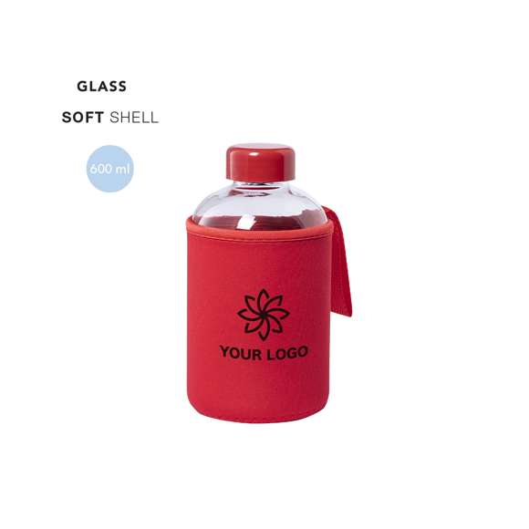Bidón de 600ml de capacidad. Fabricado con cuerpo de cristal y tapón a rosca. Incluye funda de soft shell a juego, con asa de transporte. Disponible en variada gama de colores, y viene presentado en caja individual de atractivo diseño.