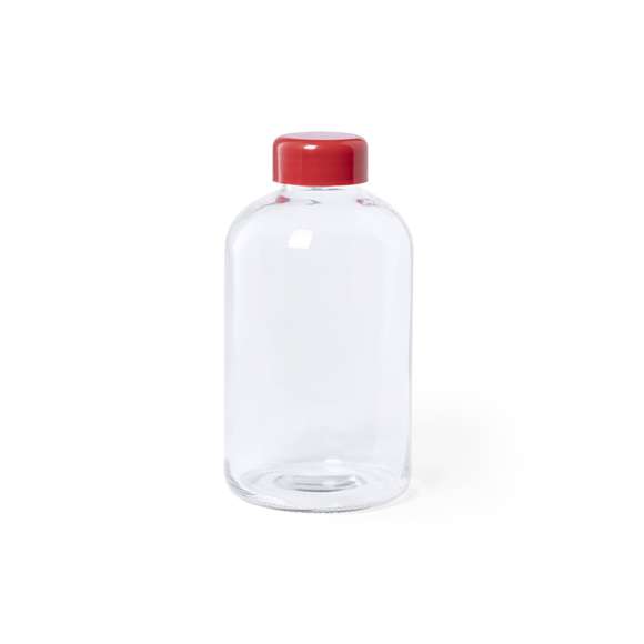 Bidón de 600ml de capacidad. Fabricado con cuerpo de cristal y tapón a rosca. Incluye funda de soft shell a juego, con asa de transporte. Disponible en variada gama de colores, y viene presentado en caja individual de atractivo diseño.