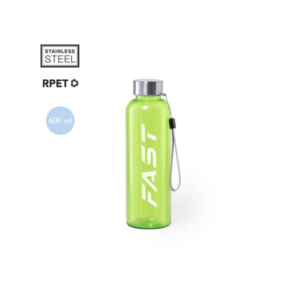Bidón fabricado en RPET de 600ml de capacidad, libre de BPA. Tapón a rosca en acero inox, con cordón de transporte. Disponible en variada gama de colores.Elaborado a partir de plástico reciclado, para así fomentar la reutilización de residuos plásticos y ayudar a la sostenibilidad del planeta.