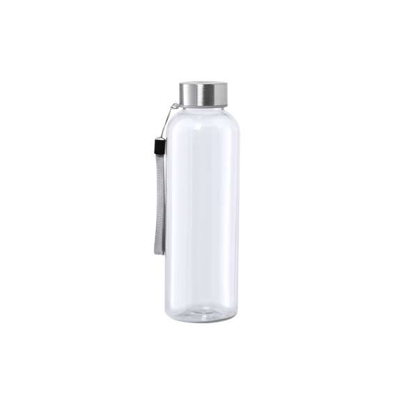 Bidón fabricado en RPET de 600ml de capacidad, libre de BPA. Tapón a rosca en acero inox, con cordón de transporte. Disponible en variada gama de colores.Elaborado a partir de plástico reciclado, para así fomentar la reutilización de residuos plásticos y ayudar a la sostenibilidad del planeta.