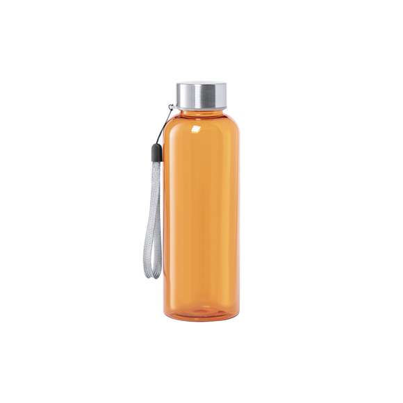 Bidón de 500ml de capacidad. Libre de BPA, con cuerpo fabricado en tritán transparente y de alta resistencia al calor. Tapón a rosca en acero inox, con cordón de transporte. Disponible en variada gama de colores.