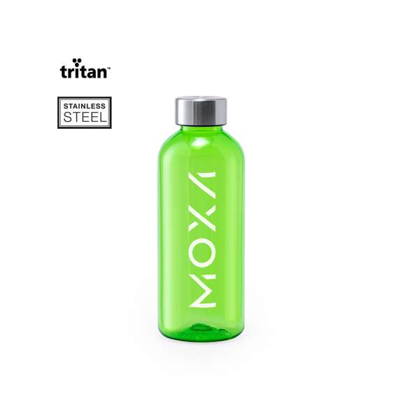 Bidón de 600ml de capacidad. Libre de BPA, con cuerpo fabricado en tritán transparente y de alta resistencia al calor. Tapón a rosca en acero inox. Disponible en variada gama de colores.
