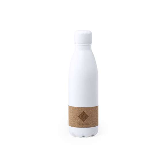 Bidón de línea nature y 750ml de capacidad. Cuerpo en acero inox de color blanco mate, con franja central en corcho natural. Tapón de seguridad de rosca a juego y presentado en atractiva caja de diseño eco.