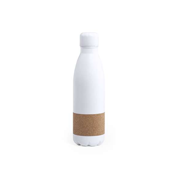 Bidón de línea nature y 750ml de capacidad. Cuerpo en acero inox de color blanco mate, con franja central en corcho natural. Tapón de seguridad de rosca a juego y presentado en atractiva caja de diseño eco.
