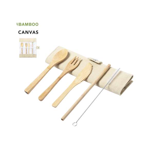  	Set de cubiertos de línea nature fabricados en bambú pulido. Incluye tenedor, cuchara, cuchillo y pajita con cepillo limpiador. Presentados en funda plegable de canvas, con elástico interior para una firme sujeción de las piezas y cierre de seguridad con corchete.