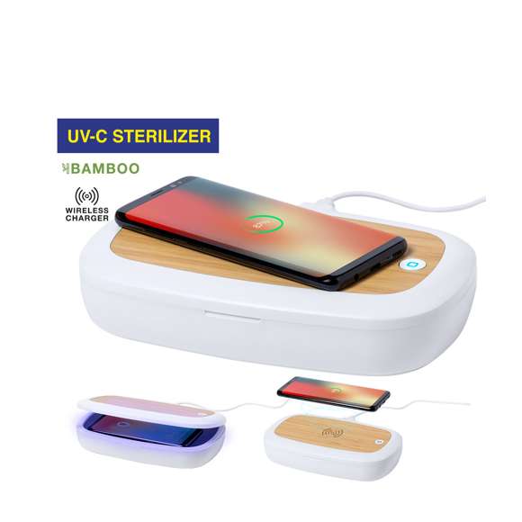 Caja esterilizadora de línea nature, con base de carga en bambú. Luz ultravioleta tipo C, con cargador inalámbrico 5W para smartphone integrado en tapa. Especialmente diseñada para la eliminación de microorganismos y bacterias en objetos de uso cotidiano como el smartphone, llaves, gafas, mascarilla, auriculares, smartwatch... Fabricada en resistente material ABS de acabado mate y presentada en atractiva caja individual de diseño.  Fácil de usar, basta con introducir el objeto dentro de la caja. Potencia de bombilla 1W longitud de onda de 270-280 nm, con alimentación mediante cable USB Tipo C de 1m de largo con color a juego. Tiempo de esterilización de 5 y 10 minutos con función auto-apagado.  Disponible manual de usuario en español e inglés. Disponible certificación CE, RoHS y de efectividad germicida.