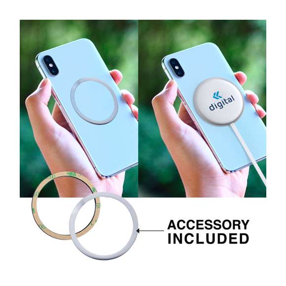 Cargador inalámbrico magnético 10W. Carcasa fabricada en resistente aluminio de acabado plateado. Con indicador de estado de carga y cable USB de 1m con conector de aluminio. Incluye accesorio metálico con adhesivo 3M, de fijación extra fuerte y libre de residuo al despegarlo del dispositivo, permitiendo así el uso de la función magnética del cargador en cualquier dispositivo móvil. Compatible con terminales equipados con tecnología de carga inalámbrica. Amplia superficie de marcaje y presentado en atractiva caja de diseño. Disponible manual de instrucciones en español e inglés.