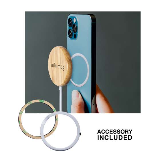 Cargador inalámbrico magnético 10W de línea nature, con carcasa fabricada en resistente bambú. Con indicador de estado de carga y cable USB de 1m. Incluye accesorio metálico con adhesivo 3M, de fijación extra fuerte y libre de residuo al despegarlo del dispositivo, permitiendo así el uso de la función magnética del cargador en cualquier dispositivo móvil. Compatible con terminales equipados con tecnología de carga inalámbrica. Amplia superficie de marcaje y presentado en atractiva caja de diseño eco. Disponible manual de instrucciones en español e inglés.